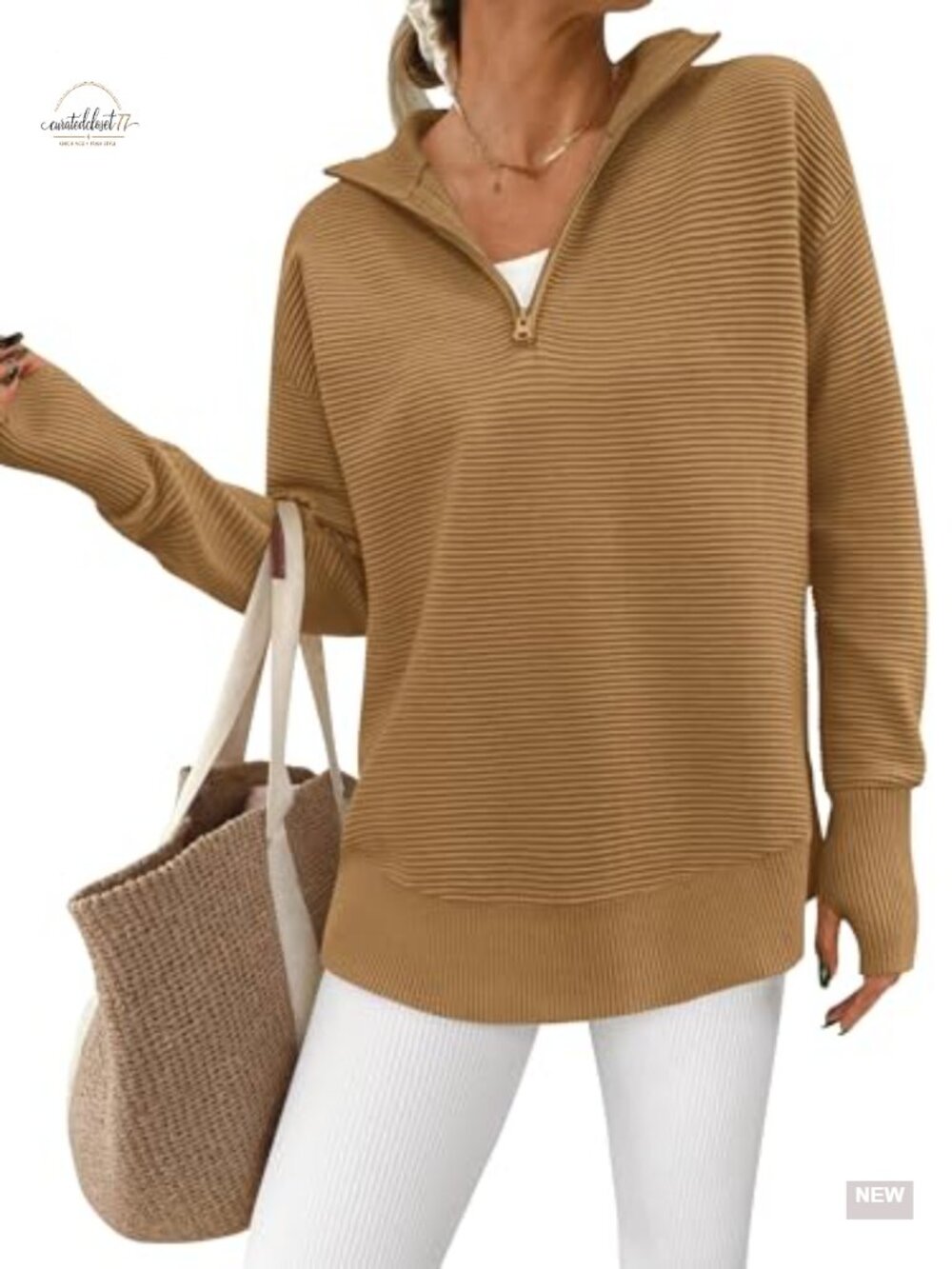 Loose Fit Quarter Zip Sweater with Thumb Holes - Women's